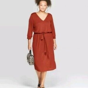 Ava & Viv Rust Orange/Rust V Neck Belted Maxi Dress